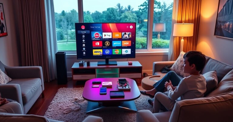 A cozy living room scene featuring a sleek smart TV displaying a colorful menu screen, surrounded by a plush sofa and a coffee table stacked with tech gadgets. Soft ambient lighting highlights the modern decor, while a window reveals a serene outdoor view. A family member sits nearby, curiously exploring the TV's offline features.