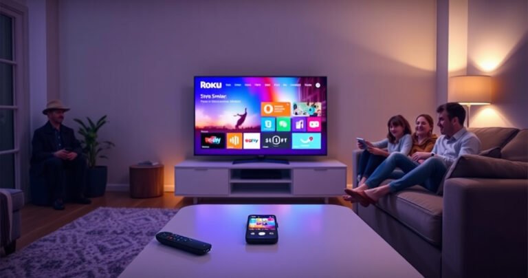 A cozy living room with a large Roku TV displaying a vibrant screen mirroring interface, surrounded by a sleek coffee table with a smartphone and remote. Soft ambient lighting creates a warm atmosphere, while a family happily gathers on a plush couch, engaged in seamless technology sharing, showcasing a modern blend of comfort and innovation.