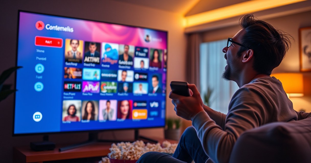 A futuristic TV screen displaying a vibrant user interface filled with colorful thumbnails of shows and channels, set against a backdrop of a cozy living room with a plush couch and dim lighting. An excited viewer leans forward, remote in hand, surrounded by popcorn and a warm atmosphere, symbolizing the thrill of seamless content discovery.