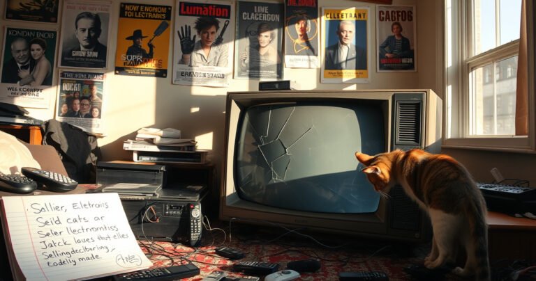 A cluttered living room featuring a broken TV with a cracked screen, surrounded by scattered remote controls and tangled wires. Sunlight streams through a window, casting shadows on the wall adorned with vintage movie posters. A curious cat inspects the TV, while a notepad with scribbled notes on selling electronics lies nearby, hinting at a decision to be made.