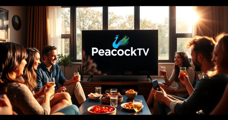 A vibrant living room scene with a large TV displaying the Peacock TV logo, surrounded by friends joyfully sharing snacks and drinks. Colorful peacock feathers subtly adorn the decor, casting shimmering reflections on the walls. Sunlight filters through the window, creating a warm, inviting atmosphere that captures the essence of shared entertainment and friendship.