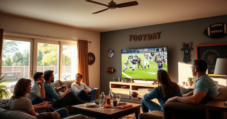 A cozy living room filled with enthusiastic friends gathered around a large screen, showcasing vibrant NFL highlights. Snacks scattered on a coffee table, a football-themed decoration hung on the wall, and the glow of the TV casting a warm light. Outside, a sunny afternoon hints at the excitement of game day.