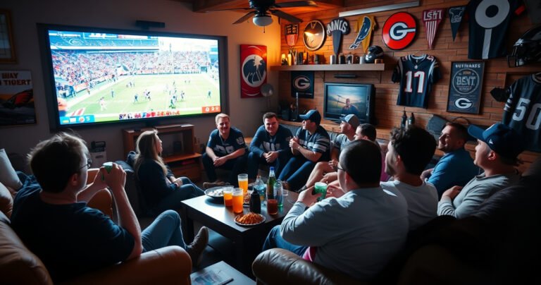 A cozy living room filled with excited fans, surrounded by snacks and drinks, watching a vibrant NFL game on a large screen. The walls are adorned with team jerseys and memorabilia, while sunlight streams through the window, highlighting the energy and camaraderie of friends sharing the thrill of the Sunday Ticket experience.