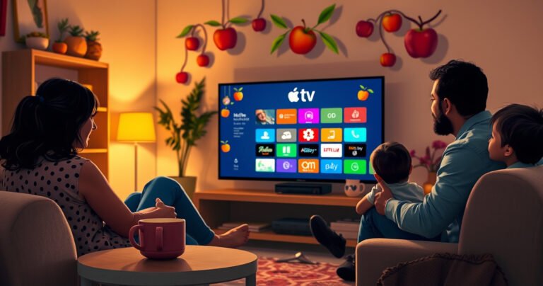 A cozy living room scene featuring a family gathered around a large TV, vibrant apple-themed decor, a steaming cup of coffee on a side table, and a glowing screen displaying an Apple TV interface, symbolizing connection and sharing. Soft, warm lighting enhances the inviting atmosphere, with playful shadows dancing on the walls.