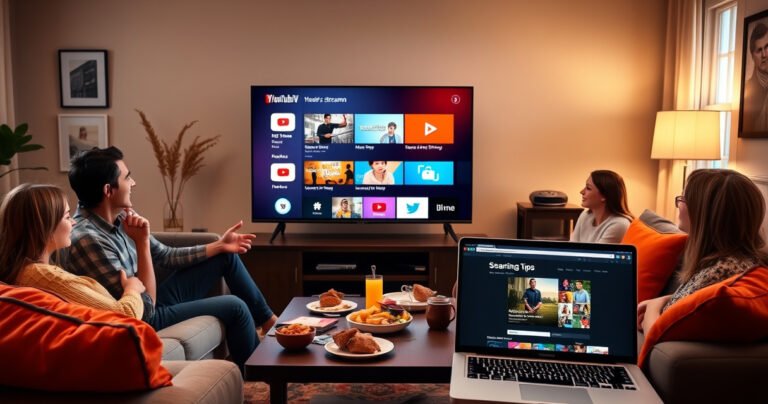A cozy living room scene with a large flat-screen TV displaying the YouTube TV interface, surrounded by family members enthusiastically discussing streaming options. Bright cushions and snacks on a coffee table, soft lighting creating a welcoming atmosphere. A laptop open nearby shows a web page with sharing tips, emphasizing collaboration and connection in modern entertainment.
