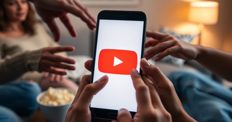 A close-up of a glowing smartphone screen displaying the YouTube TV logo, surrounded by hands of diverse individuals reaching towards it, symbolizing connection and sharing. In the background, a blurred living room setting with a cozy couch and popcorn, emphasizing the comfort of watching TV together. Soft warm lighting enhances the inviting atmosphere.