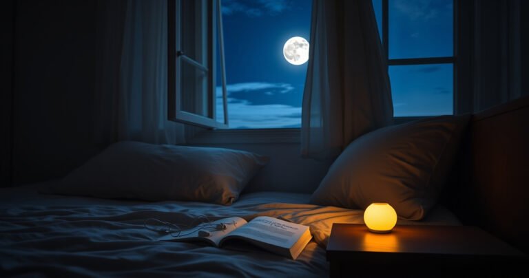 A serene bedroom scene at night, featuring a cozy bed with soft, inviting pillows. An open window lets in a gentle breeze, fluttering sheer curtains. On the bedside table, a pair of sleek earbuds rests beside a soothing book and a calming nightlight, casting a warm glow. A peaceful moonlit sky is visible outside.