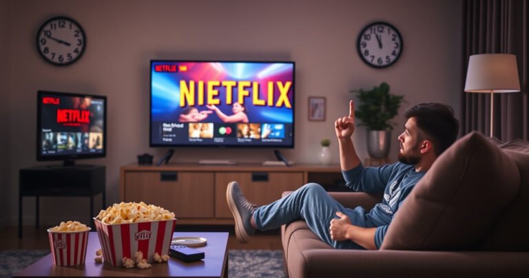 A cozy living room with a modern TV displaying a vibrant Netflix interface, surrounded by popcorn and a remote control. A clock on the wall shows time slipping away, while a frustrated viewer sits on a comfortable couch, tapping their foot impatiently. Soft lighting creates a warm atmosphere, reflecting a sense of urgency and relaxation.