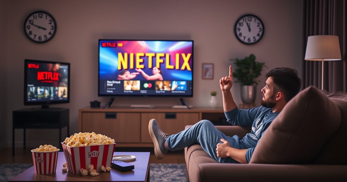 A cozy living room with a modern TV displaying a vibrant Netflix interface, surrounded by popcorn and a remote control. A clock on the wall shows time slipping away, while a frustrated viewer sits on a comfortable couch, tapping their foot impatiently. Soft lighting creates a warm atmosphere, reflecting a sense of urgency and relaxation.