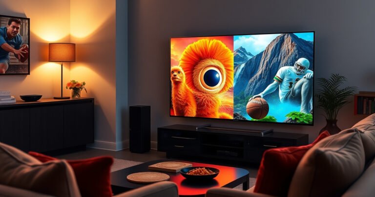An inviting living room with a sleek Samsung TV displaying a split screen of two vibrant scenes: one side shows a thrilling sports event, the other a captivating nature documentary. Soft, warm lighting enhances the cozy atmosphere, while a comfortable couch and snacks on a coffee table hint at a fun viewing experience.