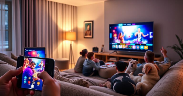 A cozy living room scene featuring a smartphone streaming vibrant content to a large flat-screen TV. The TV displays a colorful movie scene, while a family relaxes on a plush sofa, popcorn in hand. Soft lighting from a floor lamp enhances the inviting atmosphere, with playful pets lounging nearby, showcasing the joy of shared entertainment.