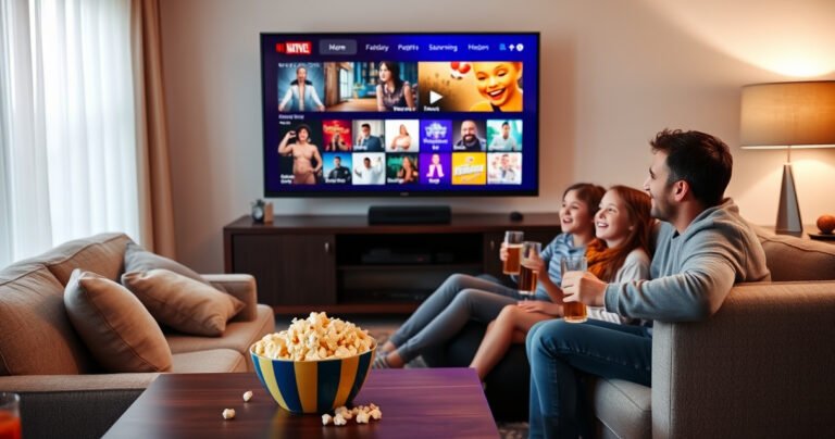 A cozy living room with a plush sofa, a large flat-screen TV displaying vibrant streaming apps, and a bowl of popcorn on the coffee table. Soft lighting creates an inviting atmosphere, while a family of four enjoys a movie night together, laughter and excitement visible on their faces. Freshly poured drinks sit nearby, completing the scene.