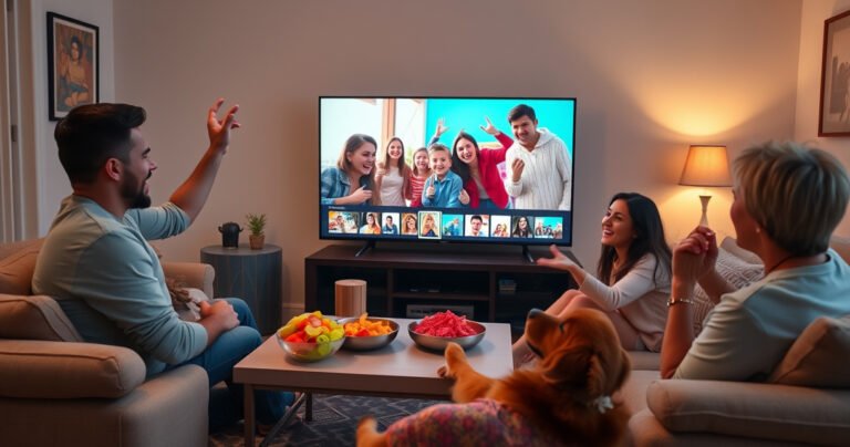 A cozy living room scene featuring a large flat-screen TV displaying vibrant TikTok videos, surrounded by a family excitedly watching together. Colorful snacks on a coffee table, soft lighting creating a warm atmosphere, and a playful dog lounging at their feet, capturing the joy of streaming content as a shared experience.