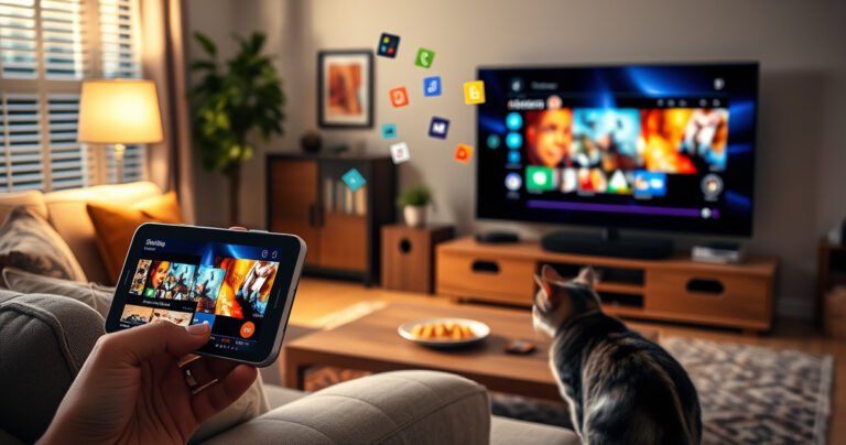 A cozy living room scene featuring a smartphone streaming vibrant content to a large flat-screen TV. The soft glow of the screen illuminates the room, with a comfy couch and snacks on a coffee table. A cat curiously watches the screen, while colorful streaming icons float in the air, symbolizing connectivity and modern technology.
