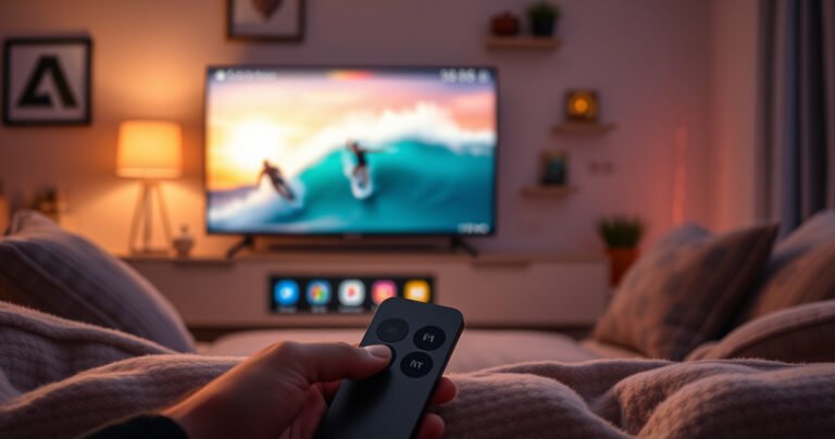 A sleek Apple TV remote in a cozy living room setting, with a glowing screen displaying a vibrant web browser. Surfers riding digital waves on the screen, surrounded by colorful icons and app logos, while soft ambient lighting and plush cushions create a warm, inviting atmosphere, symbolizing the intersection of technology and relaxation.
