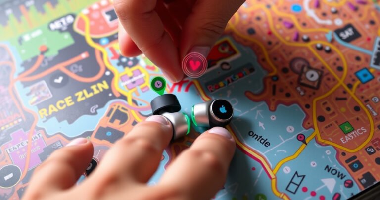 A close-up of sleek Raycon earbuds resting on a vibrant, chaotic background of colorful sound waves and digital maps, with glowing indicators highlighting their location. A hand reaches towards them, emphasizing urgency and the thrill of finding lost technology. The scene is dynamic, blending modern tech with playful energy, inviting curiosity and exploration.