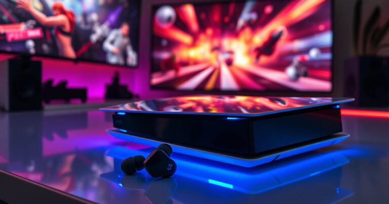 A sleek PS5 console sits on a modern gaming desk, illuminated by vibrant LED lights. Nearby, a pair of stylish Bluetooth earbuds rests, their glossy surface reflecting the light. In the background, a large screen displays an action-packed gaming scene, with colorful graphics and immersive gameplay, symbolizing the synergy between gaming and wireless audio technology.