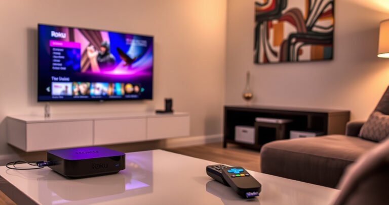 A cozy living room featuring a modern Roku TV displaying vibrant streaming content. A sleek cable box sits beside it, with colorful remote controls scattered on a stylish coffee table. Soft lighting casts a warm glow, and a comfortable sofa invites viewers to relax. A wall adorned with abstract art enhances the inviting atmosphere of entertainment.