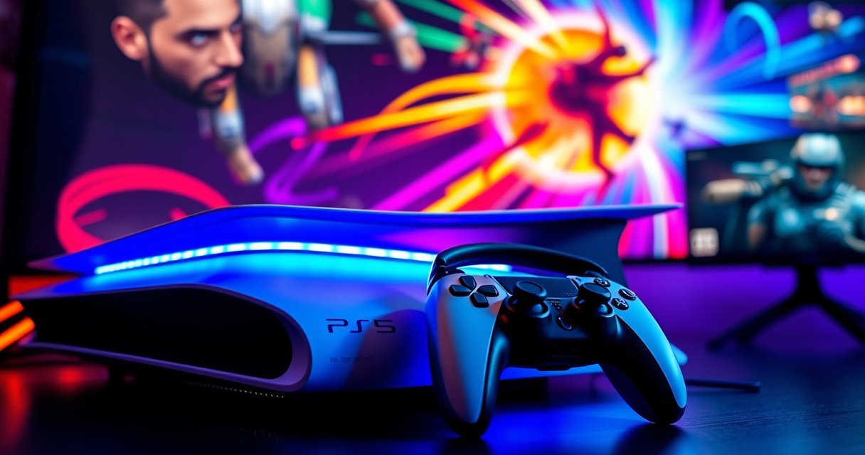 A sleek, modern gaming setup showcasing a PlayStation 5 console with vibrant LED lights, a pair of stylish earbuds resting on a gaming controller, surrounded by a dynamic background of swirling neon colors and action-packed game screenshots, creating an energetic and immersive atmosphere that captures the excitement of gaming.