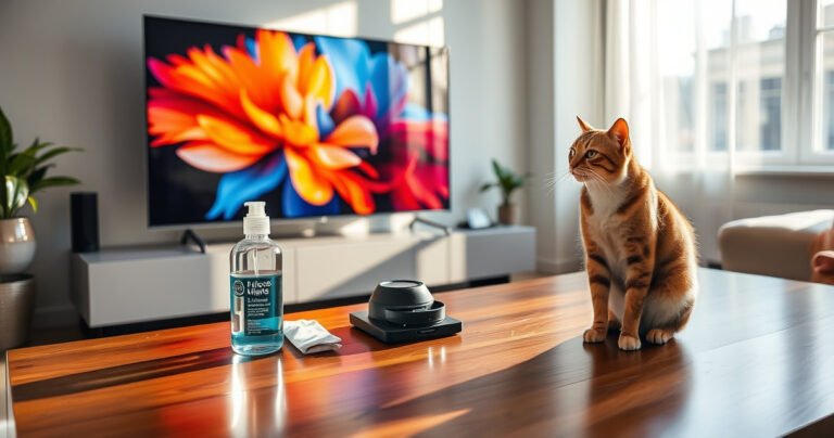 A sleek modern living room with a large, vibrant TV screen reflecting colorful abstract art. A bottle of lens cleaner and a microfiber cloth are placed nearby on a polished wooden coffee table. Soft sunlight streams through a window, casting gentle shadows, while a curious cat watches attentively, creating a cozy, inviting atmosphere.