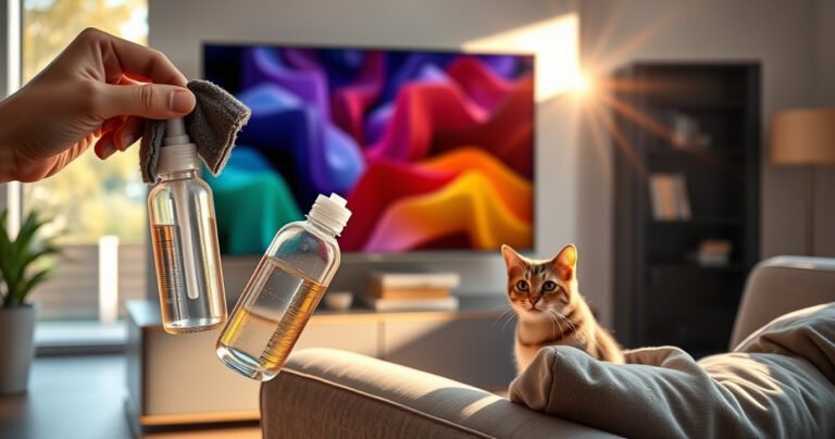 A sleek, modern living room with a large flat-screen TV, reflecting vibrant colors from a nearby window. A gentle hand holding a microfiber cloth and a bottle of lens cleaner hovers near the screen, while a puzzled cat watches intently from a plush sofa. Soft sunlight casts warm highlights, creating an inviting atmosphere.