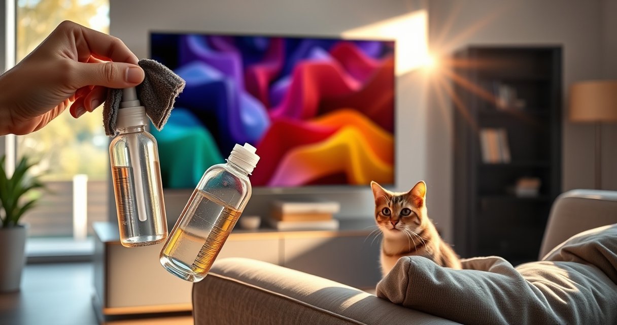 A sleek, modern living room with a large flat-screen TV, reflecting vibrant colors from a nearby window. A gentle hand holding a microfiber cloth and a bottle of lens cleaner hovers near the screen, while a puzzled cat watches intently from a plush sofa. Soft sunlight casts warm highlights, creating an inviting atmosphere.