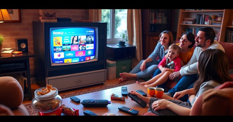 A cozy living room featuring a vintage television set with a Roku device connected, surrounded by a colorful array of remote controls, snacks, and streaming paraphernalia. Brightly lit space with a warm ambiance, showcasing a family happily gathered around, ready to explore streaming options, while a glowing Roku screen displays vibrant content choices.