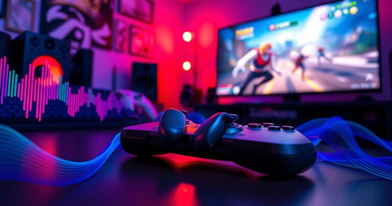 A sleek pair of wireless earbuds resting on a gaming controller, surrounded by vibrant sound waves and colorful game graphics. A cozy gaming setup in the background, illuminated by LED lights, with a large screen displaying an action-packed game scene. The atmosphere is energetic and modern, capturing the synergy between gaming and music.