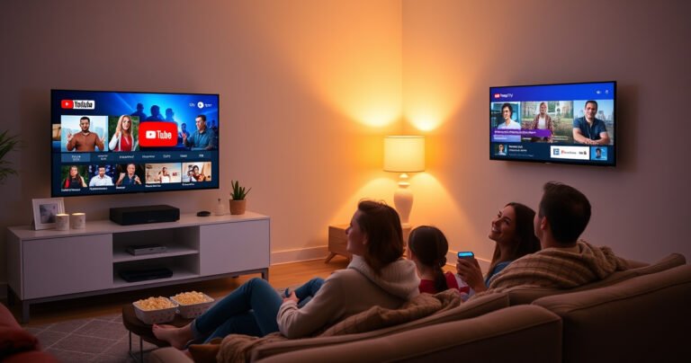 A cozy living room with two different TVs displaying YouTube TV, one on a modern entertainment center and the other on a sleek wall mount. A family sits together, laughing and enjoying various shows, surrounded by popcorn, drinks, and cozy blankets, with warm ambient lighting creating a welcoming atmosphere.