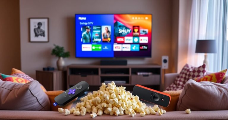 A vibrant living room scene featuring a Roku device and a Fire TV, both prominently displayed on a modern entertainment center. A cozy couch with colorful cushions faces a large screen displaying a split image of both platforms' interfaces. Soft ambient lighting enhances the inviting atmosphere, surrounded by playful popcorn and remote controls.