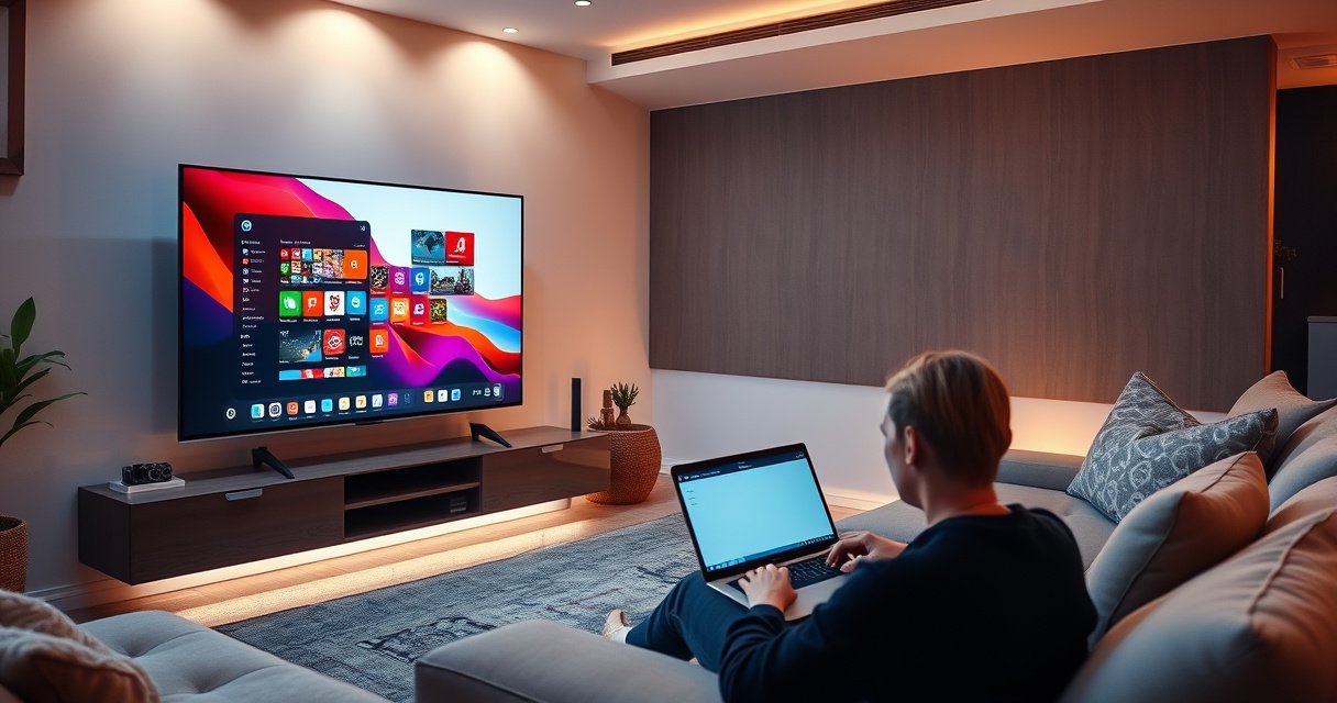 A sleek modern living room featuring a large smart TV displaying a vibrant desktop interface, surrounded by plush furniture and ambient lighting. A person is comfortably seated, typing on a laptop connected to the TV, with a cozy atmosphere enhanced by warm hues and subtle reflections on the TV screen showcasing colorful icons and apps.
