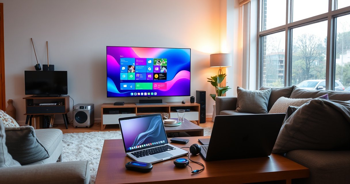 A modern living room featuring a sleek smart TV displaying a vibrant desktop interface, surrounded by cozy furniture. A stylish laptop sits open on a coffee table, with colorful tech gadgets scattered about. Natural light streams in through large windows, illuminating a relaxed atmosphere where technology seamlessly blends with comfort and creativity.