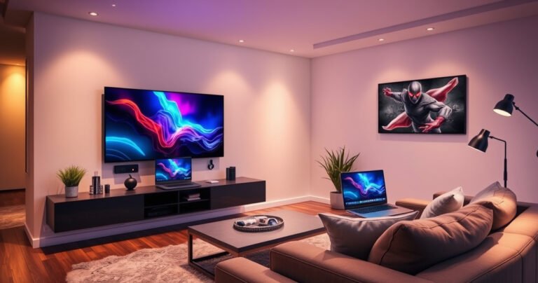 A sleek modern living room featuring a large flat-screen TV mounted on the wall, seamlessly connected to a stylish workstation with a laptop, vibrant graphics displayed on the screen, ambient lighting casting a warm glow, and a comfortable sofa inviting viewers to explore the fusion of entertainment and productivity in a cozy atmosphere.