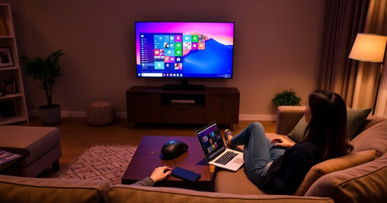 A modern living room with a sleek flat-screen TV displaying a vibrant desktop interface, surrounded by cozy furniture. A person sits on a comfortable sofa, using a wireless keyboard and mouse, while a laptop rests on a stylish coffee table. Warm lighting creates an inviting atmosphere, blending technology and comfort seamlessly.