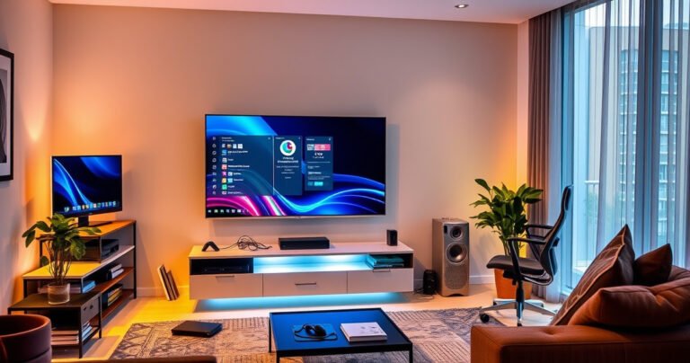 A sleek modern living room showcasing a vibrant flat-screen TV prominently displaying a computer interface, with a stylish desk and ergonomic chair nearby. Soft ambient lighting bathes the space, highlighting cables connecting the TV and computer. A cozy atmosphere infused with tech gadgets, books, and a potted plant, inviting readers to explore the topic of compatibility.