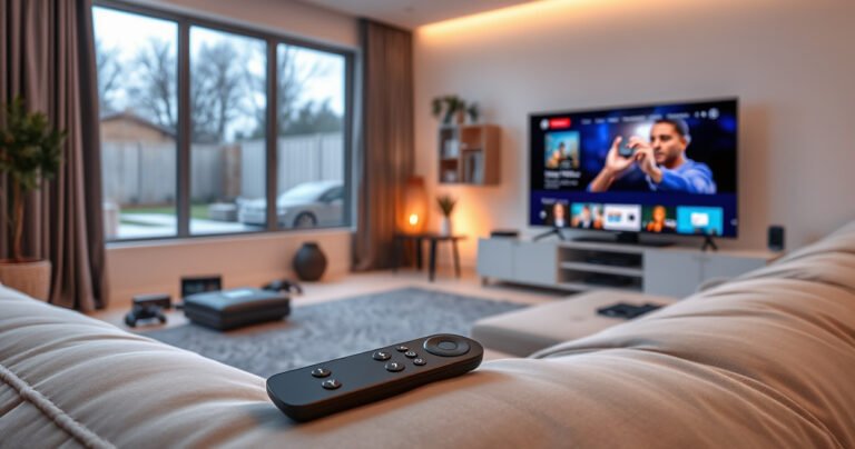A sleek living room featuring a modern smart TV displaying vibrant streaming content, a stylish universal remote lying on a cozy couch, soft ambient lighting casts a warm glow, and scattered tech gadgets hint at a tech enthusiast's haven, with a large window revealing a peaceful backyard scene outside.
