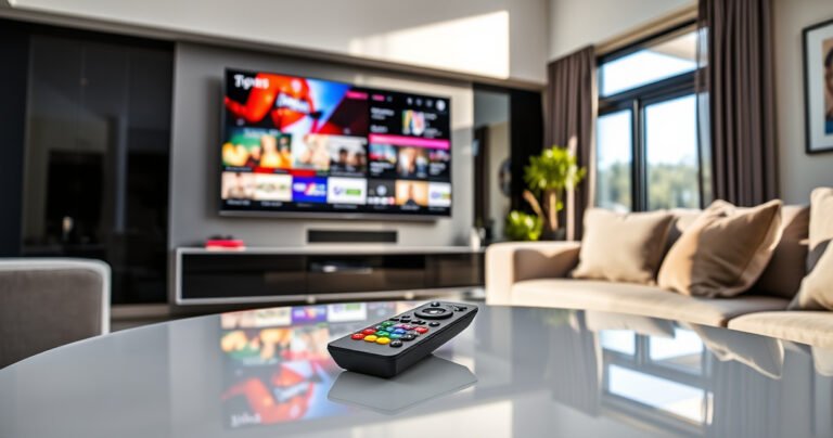 A sleek modern living room featuring a large smart TV displaying vibrant streaming content, surrounded by a cozy couch with plush cushions. On a stylish coffee table lies a universal remote, its buttons brightly colored, casting reflections on a polished surface, while a window reveals a sunny day outside.