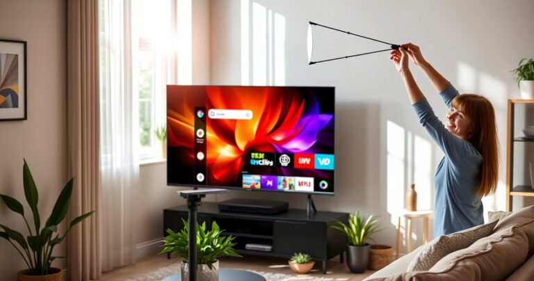 A modern living room with a sleek smart TV displaying vibrant channels, surrounded by a stylish antenna. Sunlight streams through a window, illuminating a cozy couch and decorative plants. An inviting atmosphere, with a person happily adjusting the antenna, showcasing ease and convenience in setting up TV reception.