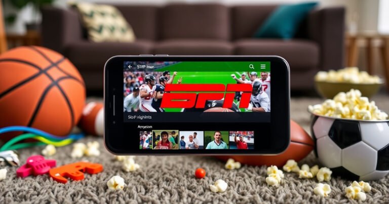 A smartphone displaying the ESPN app, vibrant sports highlights playing on the screen, surrounded by colorful sports memorabilia, a basketball, a football, and a soccer ball scattered around. In the background, a cozy living room with a couch and a bowl of popcorn, emphasizing a relaxed, tech-savvy sports fan environment.
