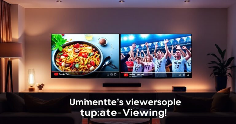 A split-screen view of a cozy living room, featuring a large flat-screen TV displaying two different YouTube channels simultaneously. One side shows a vibrant cooking show with colorful dishes, while the other showcases an exciting sports event with cheering fans. Soft lighting casts a warm glow, inviting viewers to explore the ultimate viewing experience.