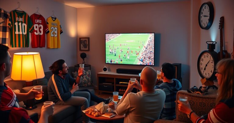 A cozy living room filled with excited fans, clutching snacks and drinks, as a large TV screen displays a vibrant football game. Colorful team jerseys hang on the walls, and a warm glow from a nearby lamp creates a festive atmosphere, while a clock ticks down in the corner, adding a sense of urgency.