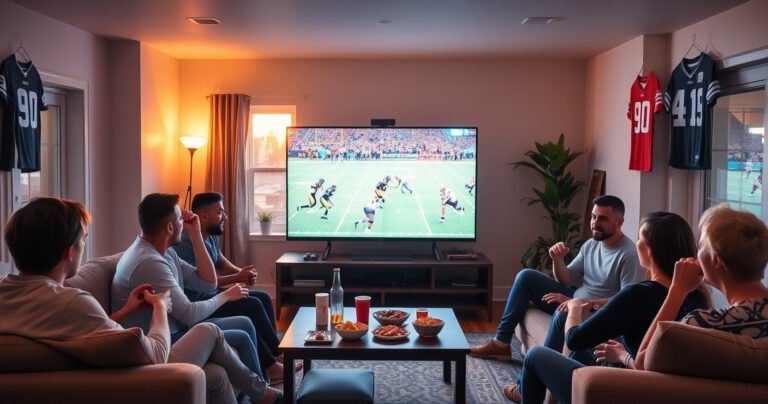 A cozy living room with a large flat-screen TV showing an intense NFL game, surrounded by enthusiastic friends cheering, snacks scattered on the coffee table, jerseys hanging on the walls, and a window revealing a sunset outside, creating a warm and inviting atmosphere that captures the excitement of game day.