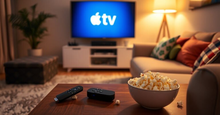 A cozy living room illuminated by soft, warm light, featuring a sleek Roku device beside a modern TV displaying the Apple TV logo. A plush couch adorned with colorful cushions invites viewers, while a bowl of popcorn and a remote control sit on a stylish coffee table, capturing the essence of a perfect movie night.