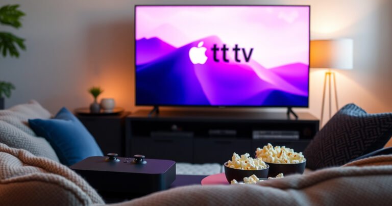 A cozy living room scene featuring a sleek Xbox console connected to a large flat-screen TV displaying the Apple TV logo, surrounded by plush cushions and popcorn bowls, with a warm glow from a nearby lamp, inviting viewers to explore the fusion of gaming and streaming entertainment in a modern, stylish environment.