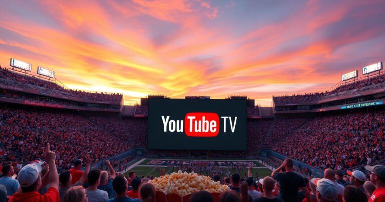 A vibrant scene of a packed college football stadium under a sunset sky, fans wearing team colors, waving banners and cheering excitedly. In the foreground, a large screen displays a YouTube TV logo surrounded by popcorn and drinks, capturing the thrilling atmosphere of a game day experience, blending technology and sports enthusiasm.