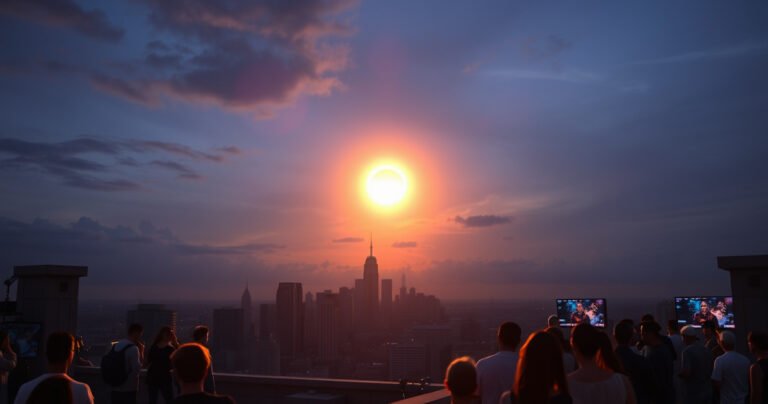 A glowing celestial eclipse casting deep shadows over a city skyline, with diverse people gathered on rooftops and balconies, eyes glued to screens displaying vibrant live broadcasts of the event, capturing the awe and excitement in the air as the sun and moon align against a dusky sky.