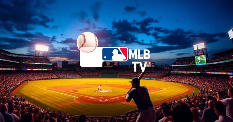 A vibrant baseball stadium at dusk, filled with cheering fans, colorful lights illuminating the field. A player in mid-swing, bat connecting with a glowing baseball, launching it into the sky. The MLB TV logo subtly integrated into the scene, capturing the excitement and energy of home runs and the allure of watching the derby live.