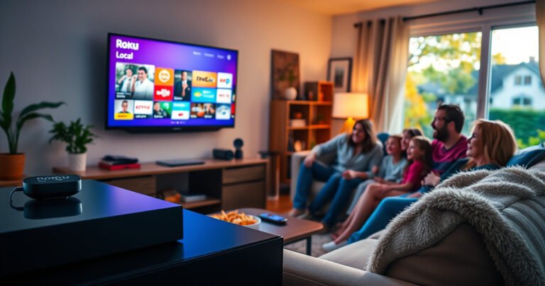 A cozy living room with a sleek Roku device on a modern TV stand, glowing screen showing colorful local TV channels, plush sofa with fluffy cushions, snacks on the coffee table, soft warm lighting, a family gathered around, excited expressions, vibrant decor, and a window revealing a sunny neighborhood outside, capturing the essence of home entertainment.