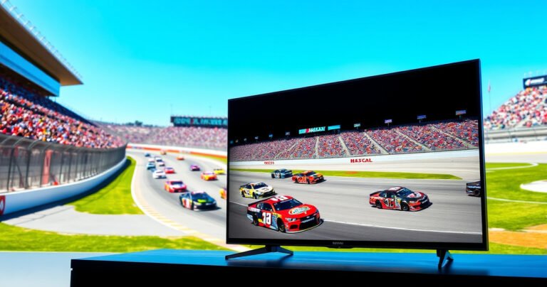 A vibrant NASCAR race scene featuring colorful cars speeding around a track, with cheering fans in the grandstands, surrounded by a bright blue sky. In the foreground, a sleek TV screen displays a live stream of the race, highlighting the excitement of watching motorsports online, blending technology and thrilling entertainment seamlessly.