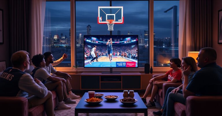 A cozy living room scene featuring a sleek Apple TV displaying a vibrant NBA game, surrounded by excited friends in team jerseys, snacks on the coffee table, dimmed lights creating a warm ambiance, with a large window showing a night skyline, and a basketball hoop softly illuminated outside, embodying the thrill of game night.